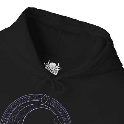 Folded Hooded Sweatshirt of Shadowheart and Shar intertwined through shadow magic, with shattered memories and moonlit symbols drifting through the darkness. Shar’s cold, divine presence towers over her chosen cleric, representing control, faith, and erasure. The composition emphasizes the tragic bond between mortal and god, capturing the themes of devotion, manipulation, and identity central to Baldur’s Gate 3.