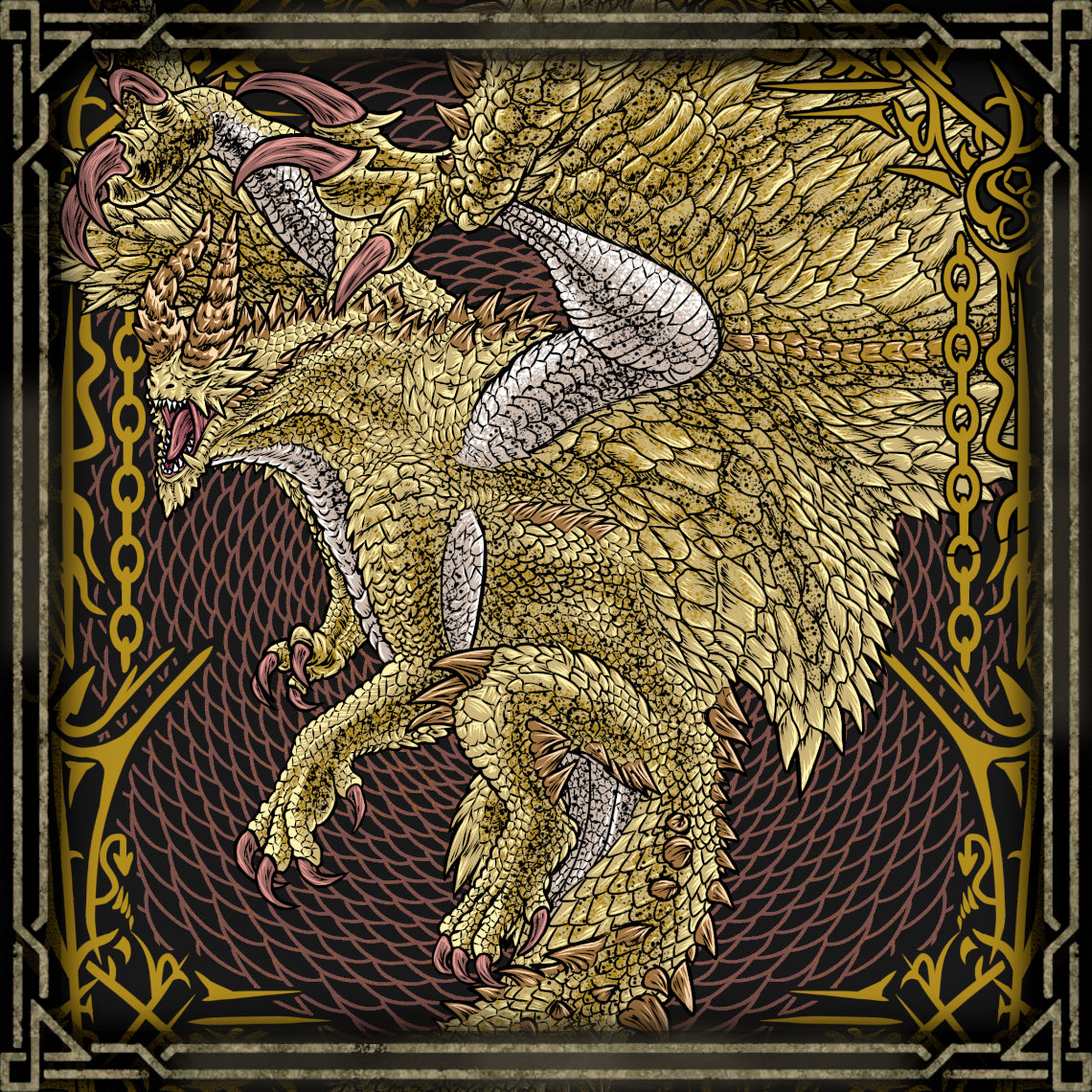 Artwork of Shagaru Magala the Golden Eclipse. Shagaru Magala is the mature form of Gore Magala in the Monster Hunter. Having completed its metamorphosis, it emerges with radiant golden scales and immense power, spreading the deadly Frenzy Virus across entire ecosystems. Revered and feared alike, Shagaru Magala embodies both divine beauty and catastrophic destruction.