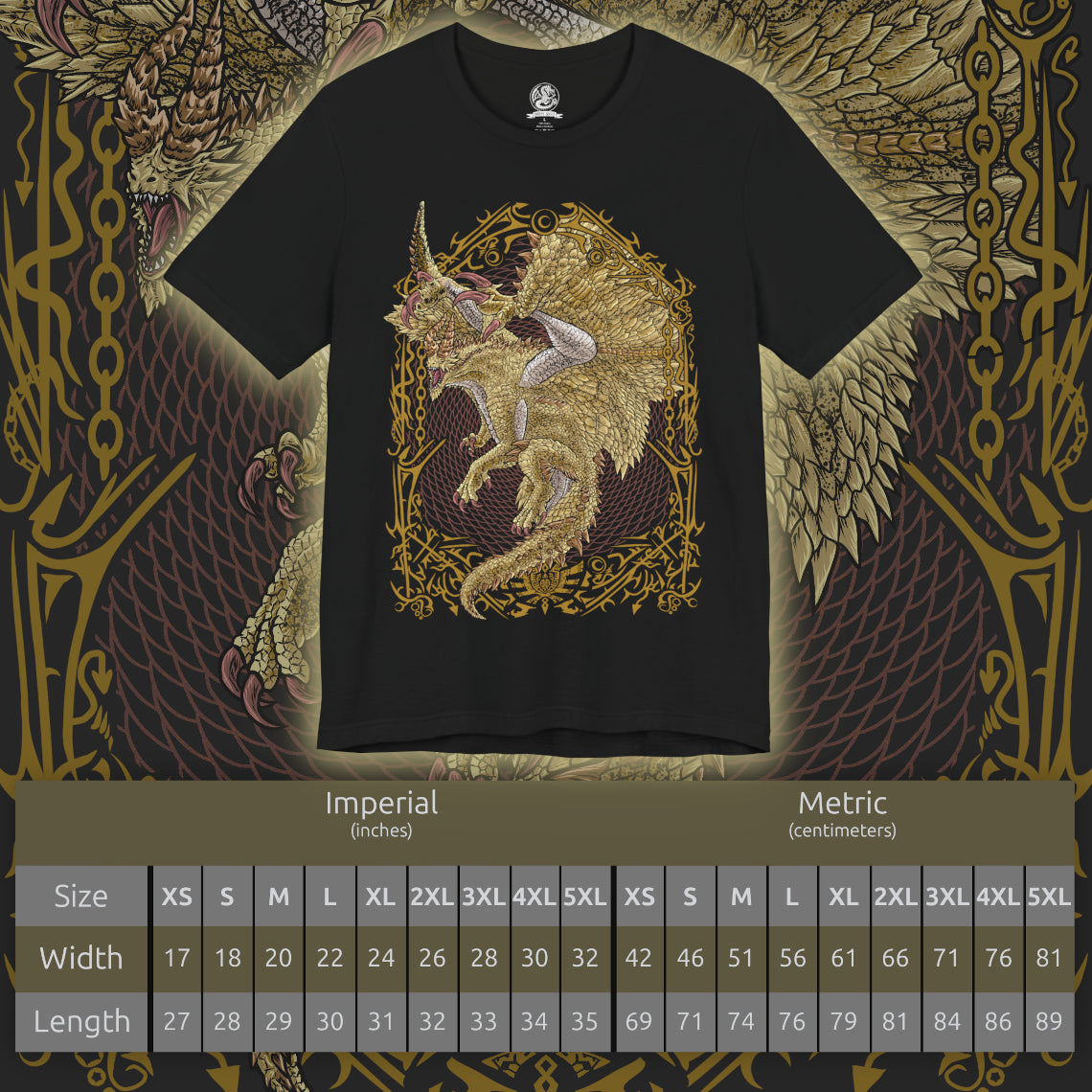 Size chart of a T-Shirt artwork depicting Shagaru Magala spreading its immense wings above a devastated battlefield, golden energy and Frenzy scales radiating outward like a celestial storm. Its glowing horns and elegant form contrast with the destruction surrounding it, reflecting the duality of beauty and catastrophe. This design emphasizes the Elder Dragon's godlike presence and its role as the source of the devastating Frenzy virus.