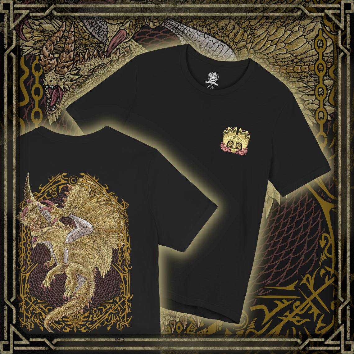 Thumbnail of a T-Shirt artwork depicting Shagaru Magala spreading its immense wings above a devastated battlefield, golden energy and Frenzy scales radiating outward like a celestial storm. Its glowing horns and elegant form contrast with the destruction surrounding it, reflecting the duality of beauty and catastrophe. This design emphasizes the Elder Dragon's godlike presence and its role as the source of the devastating Frenzy virus.