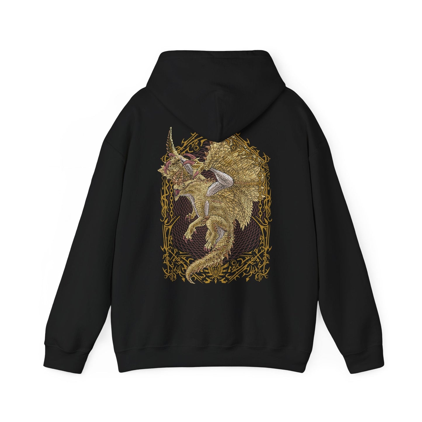 Image 5 of a Hooded Sweatshirt of Shagaru Magala standing atop ancient ruins beneath a luminous sky, golden scales shimmering as sacred-looking light and drifting Frenzy particles envelop the environment. Massive wings cast shadows across the land while the atmosphere itself seems transformed by its existence. The composition highlights majestic power, tragic evolution, and the awe-inspiring presence of one of Monster Hunter's most iconic Elder Dragons.