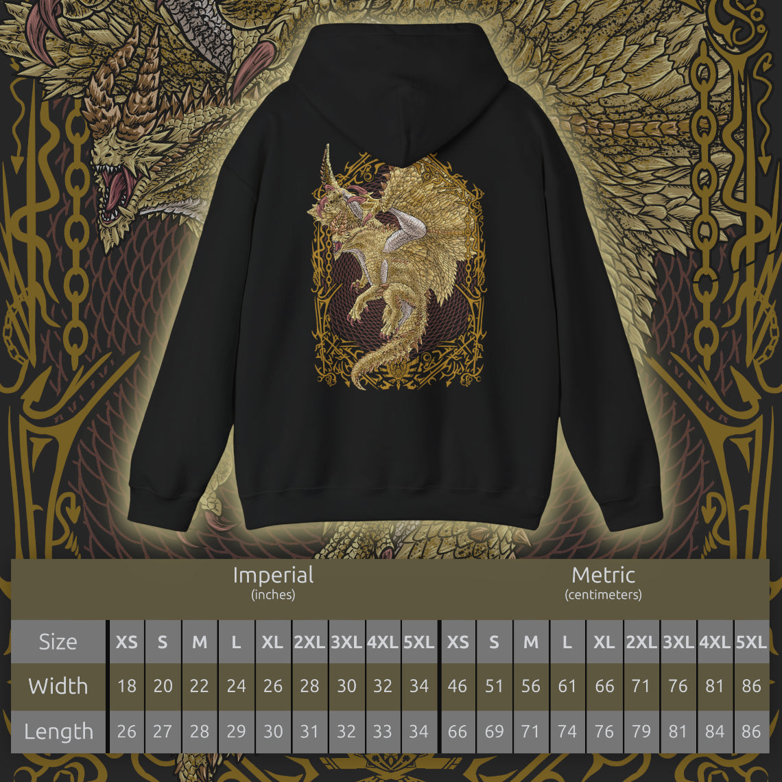 Size chart of a Hooded Sweatshirt of Shagaru Magala standing atop ancient ruins beneath a luminous sky, golden scales shimmering as sacred-looking light and drifting Frenzy particles envelop the environment. Massive wings cast shadows across the land while the atmosphere itself seems transformed by its existence. The composition highlights majestic power, tragic evolution, and the awe-inspiring presence of one of Monster Hunter's most iconic Elder Dragons.