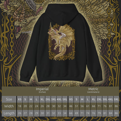 Size chart of a Hooded Sweatshirt of Shagaru Magala standing atop ancient ruins beneath a luminous sky, golden scales shimmering as sacred-looking light and drifting Frenzy particles envelop the environment. Massive wings cast shadows across the land while the atmosphere itself seems transformed by its existence. The composition highlights majestic power, tragic evolution, and the awe-inspiring presence of one of Monster Hunter's most iconic Elder Dragons.