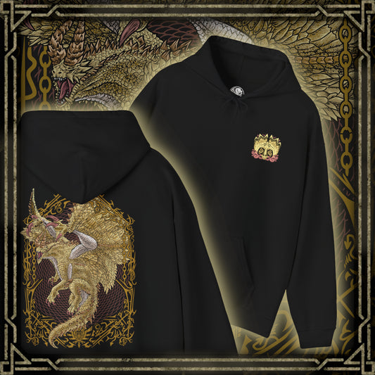 Thumbnail of a Hooded Sweatshirt of Shagaru Magala standing atop ancient ruins beneath a luminous sky, golden scales shimmering as sacred-looking light and drifting Frenzy particles envelop the environment. Massive wings cast shadows across the land while the atmosphere itself seems transformed by its existence. The composition highlights majestic power, tragic evolution, and the awe-inspiring presence of one of Monster Hunter's most iconic Elder Dragons.