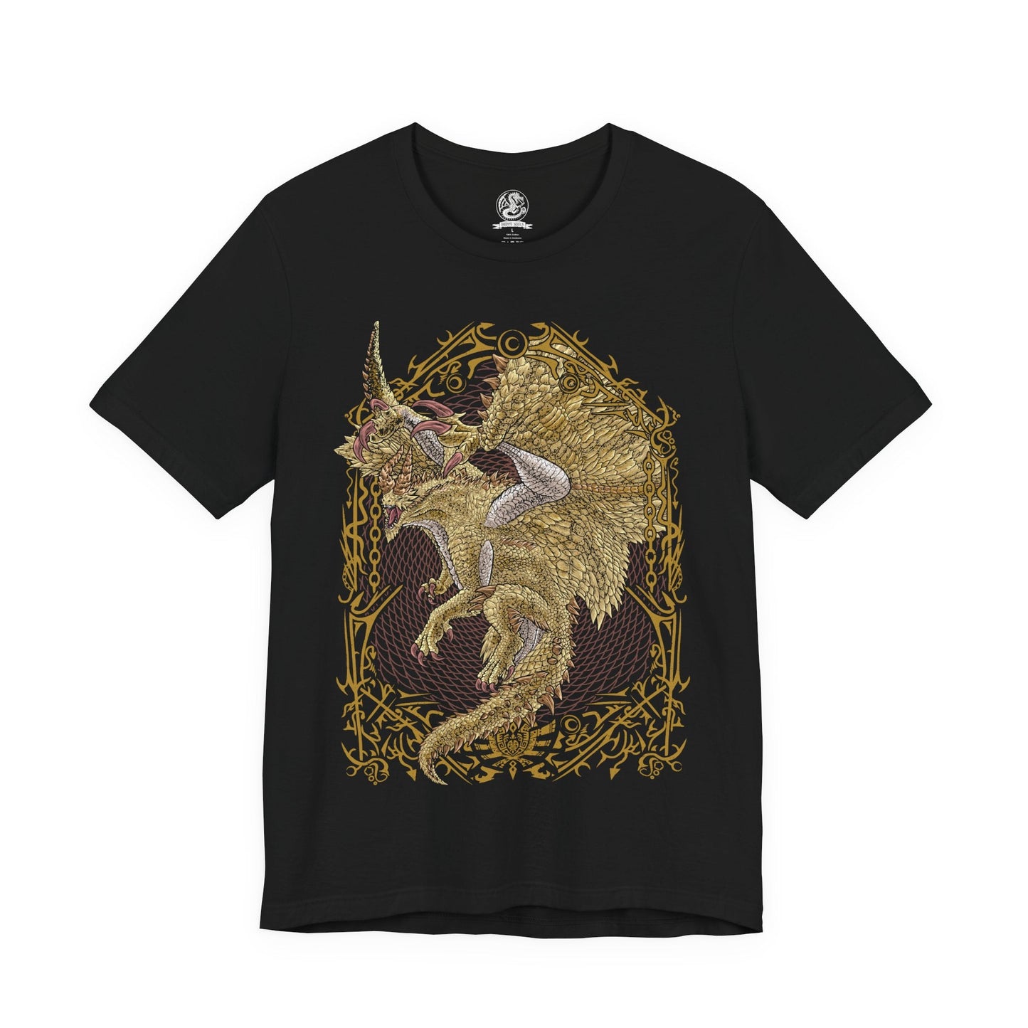 Image 4 of a T-Shirt design of Shagaru Magala from Monster Hunter, descending from radiant golden light as its majestic ivory scales and massive wings dominate the sky. Golden Frenzy particles drift through the air while ruined landscapes crumble beneath its presence. The design captures the creature's divine yet terrifying appearance, embodying rebirth, transcendence, and the overwhelming power born from Gore Magala's transformation.
