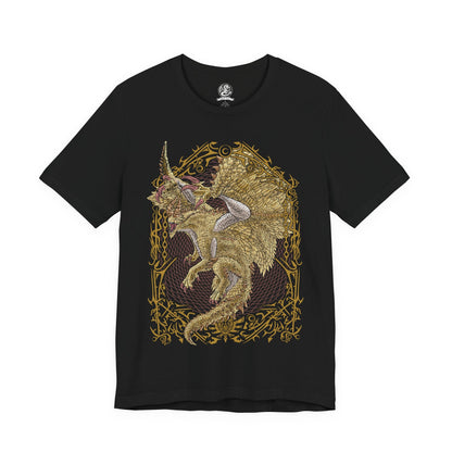 Image 4 of a T-Shirt design of Shagaru Magala from Monster Hunter, descending from radiant golden light as its majestic ivory scales and massive wings dominate the sky. Golden Frenzy particles drift through the air while ruined landscapes crumble beneath its presence. The design captures the creature's divine yet terrifying appearance, embodying rebirth, transcendence, and the overwhelming power born from Gore Magala's transformation.