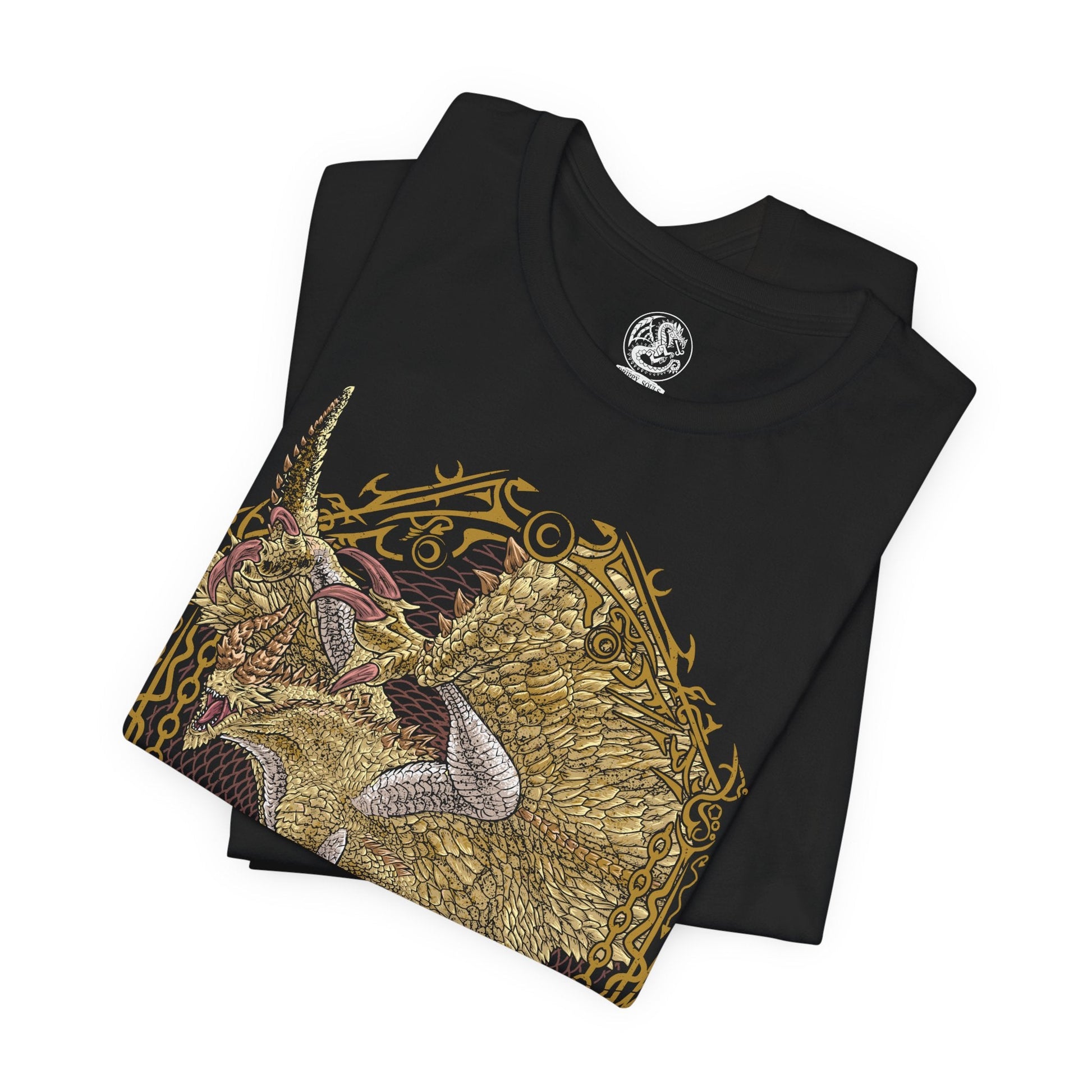 Image 5 of a T-Shirt design of Shagaru Magala from Monster Hunter, descending from radiant golden light as its majestic ivory scales and massive wings dominate the sky. Golden Frenzy particles drift through the air while ruined landscapes crumble beneath its presence. The design captures the creature's divine yet terrifying appearance, embodying rebirth, transcendence, and the overwhelming power born from Gore Magala's transformation.