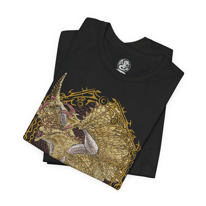 Image 5 of a T-Shirt design of Shagaru Magala from Monster Hunter, descending from radiant golden light as its majestic ivory scales and massive wings dominate the sky. Golden Frenzy particles drift through the air while ruined landscapes crumble beneath its presence. The design captures the creature's divine yet terrifying appearance, embodying rebirth, transcendence, and the overwhelming power born from Gore Magala's transformation.