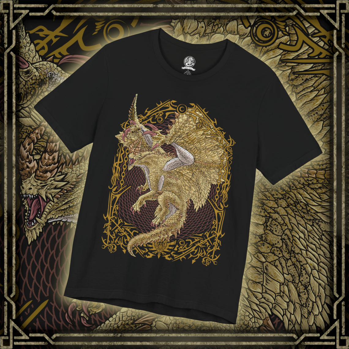 Thumbnail of a T-Shirt design of Shagaru Magala from Monster Hunter, descending from radiant golden light as its majestic ivory scales and massive wings dominate the sky. Golden Frenzy particles drift through the air while ruined landscapes crumble beneath its presence. The design captures the creature's divine yet terrifying appearance, embodying rebirth, transcendence, and the overwhelming power born from Gore Magala's transformation.