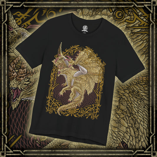 Thumbnail of a T-Shirt design of Shagaru Magala from Monster Hunter, descending from radiant golden light as its majestic ivory scales and massive wings dominate the sky. Golden Frenzy particles drift through the air while ruined landscapes crumble beneath its presence. The design captures the creature's divine yet terrifying appearance, embodying rebirth, transcendence, and the overwhelming power born from Gore Magala's transformation.