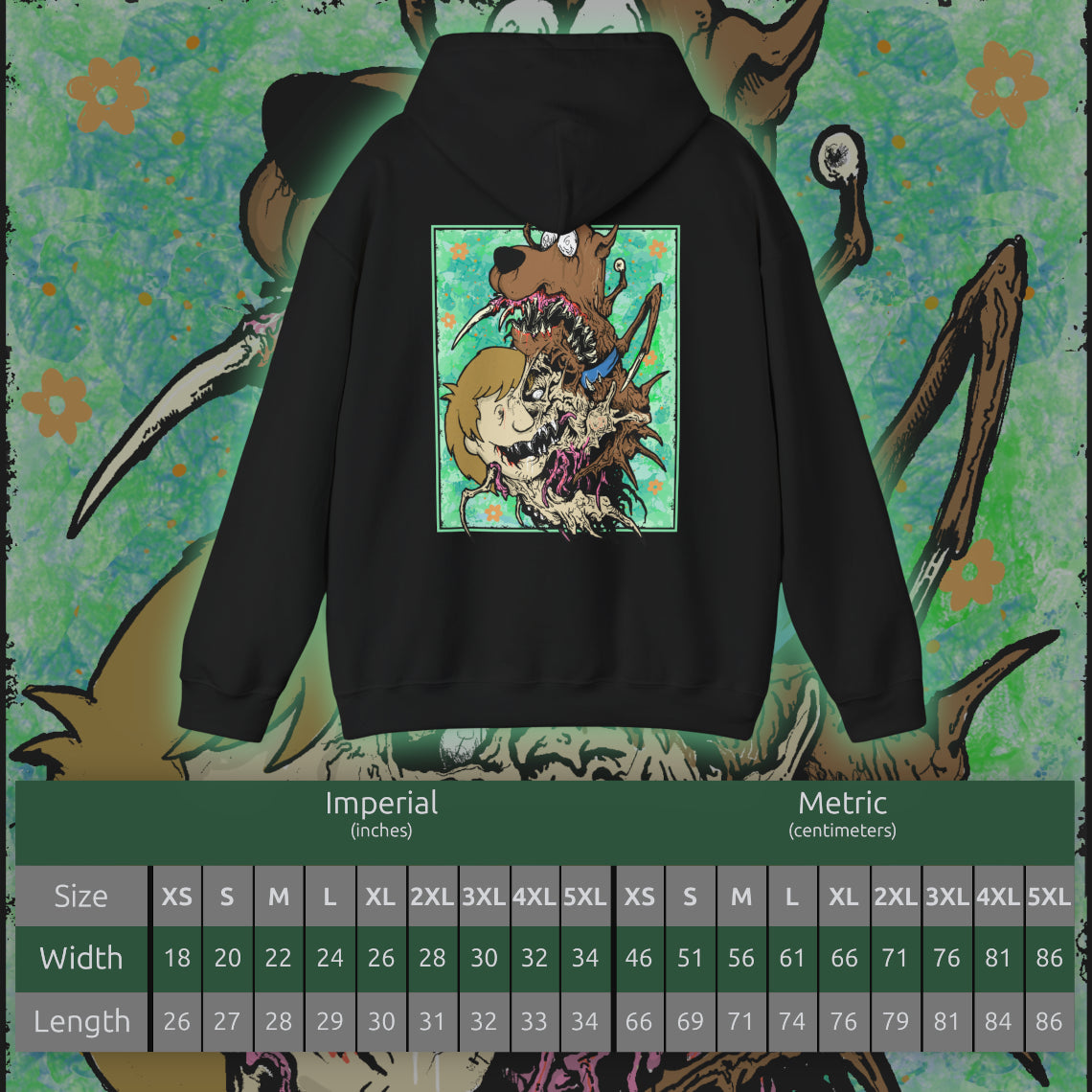 Size chart of a Hooded Sweatshirt design featuring Shaggy Rogers and Scooby-Doo from Scooby-Doo, portraying the iconic duo in a nostalgic cartoon-inspired composition. Shaggy appears in his signature green shirt beside Scooby-Doo, the lovable brown Great Dane wearing his distinctive collar. Their expressive faces and playful poses capture their legendary fear of monsters, love of Scooby Snacks, and close friendship.