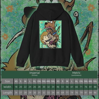 Size chart of a Hooded Sweatshirt design featuring Shaggy Rogers and Scooby-Doo from Scooby-Doo, portraying the iconic duo in a nostalgic cartoon-inspired composition. Shaggy appears in his signature green shirt beside Scooby-Doo, the lovable brown Great Dane wearing his distinctive collar. Their expressive faces and playful poses capture their legendary fear of monsters, love of Scooby Snacks, and close friendship.