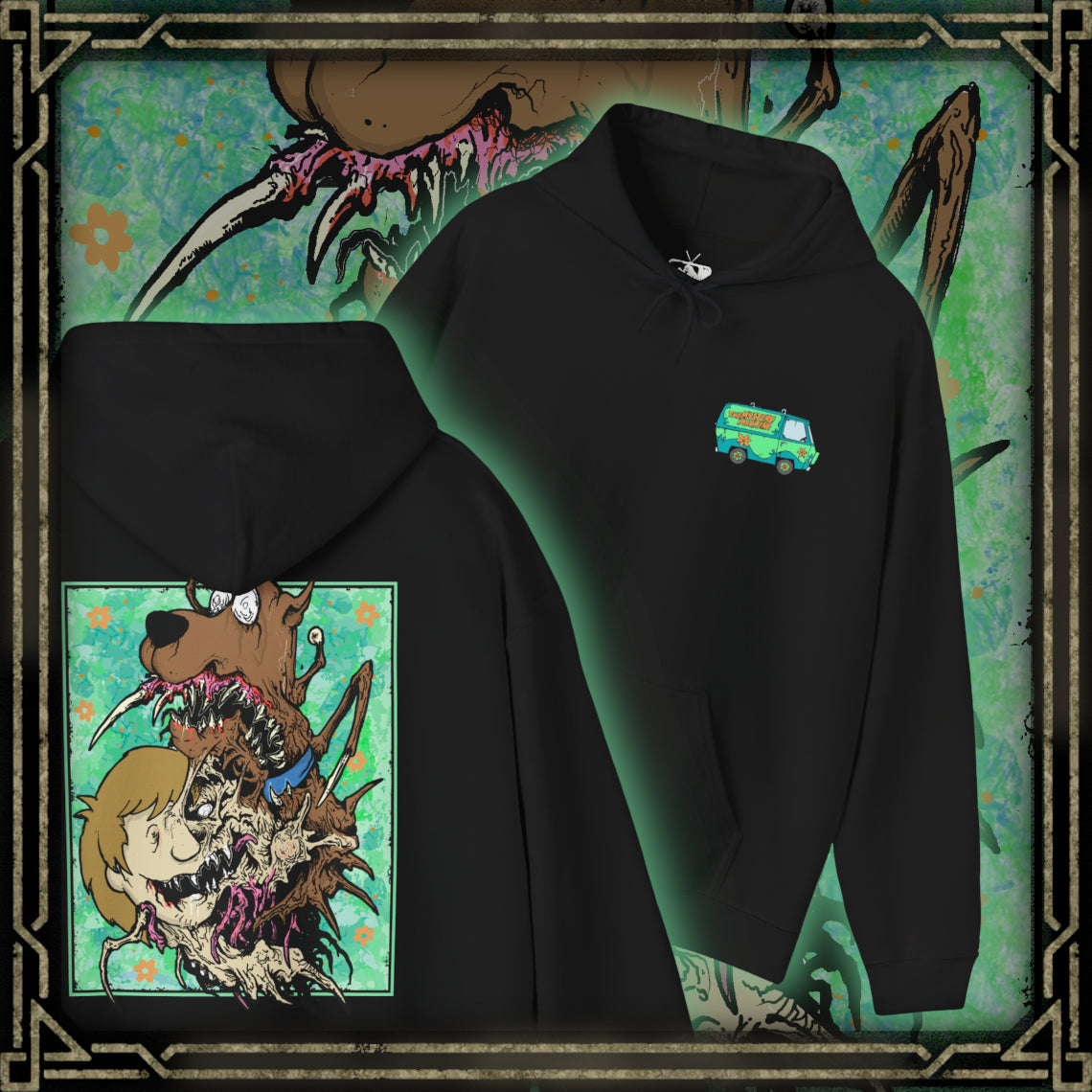 Thumbnail of a Hooded Sweatshirt design featuring Shaggy Rogers and Scooby-Doo from Scooby-Doo, portraying the iconic duo in a nostalgic cartoon-inspired composition. Shaggy appears in his signature green shirt beside Scooby-Doo, the lovable brown Great Dane wearing his distinctive collar. Their expressive faces and playful poses capture their legendary fear of monsters, love of Scooby Snacks, and close friendship.