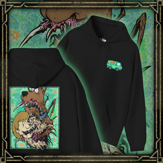Thumbnail of a Hooded Sweatshirt design featuring Shaggy Rogers and Scooby-Doo from Scooby-Doo, portraying the iconic duo in a nostalgic cartoon-inspired composition. Shaggy appears in his signature green shirt beside Scooby-Doo, the lovable brown Great Dane wearing his distinctive collar. Their expressive faces and playful poses capture their legendary fear of monsters, love of Scooby Snacks, and close friendship.