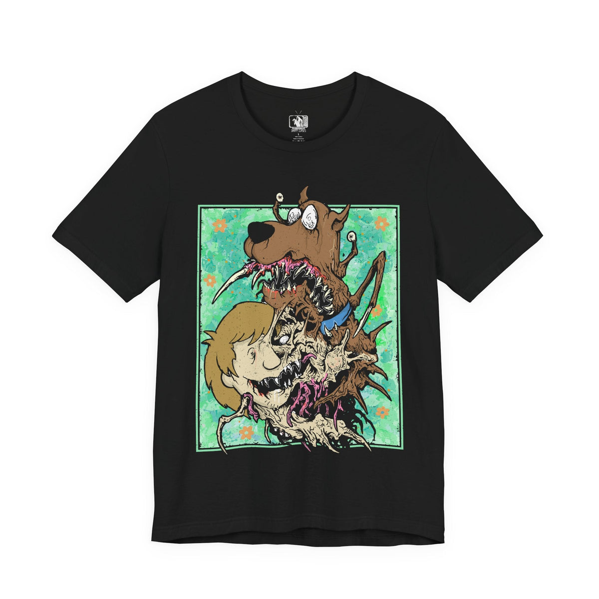 Image 4 of a T-Shirt design of Shaggy Rogers and Scooby-Doo from Scooby-Doo, featuring the iconic best friends together in a playful cartoon-inspired composition. Shaggy wears his recognizable green shirt and brown trousers while Scooby-Doo stands beside him with his signature collar and expressive face. The artwork celebrates their hilarious cowardice, love of food, legendary friendship, and unforgettable adventures solving mysteries with Mystery Inc.