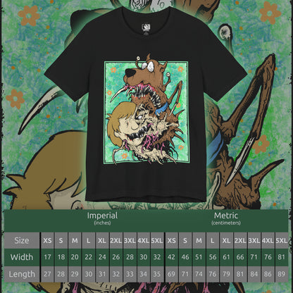 Size chart of a T-Shirt design of Shaggy Rogers and Scooby-Doo from Scooby-Doo, featuring the iconic best friends together in a playful cartoon-inspired composition. Shaggy wears his recognizable green shirt and brown trousers while Scooby-Doo stands beside him with his signature collar and expressive face. The artwork celebrates their hilarious cowardice, love of food, legendary friendship, and unforgettable adventures solving mysteries with Mystery Inc.