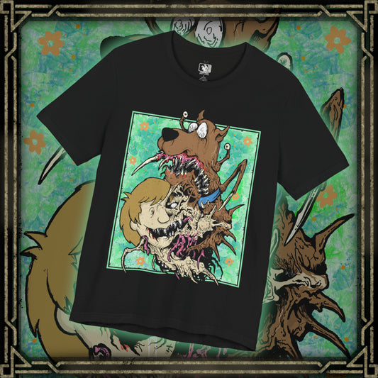 Thumbnail of a T-Shirt design of Shaggy Rogers and Scooby-Doo from Scooby-Doo, featuring the iconic best friends together in a playful cartoon-inspired composition. Shaggy wears his recognizable green shirt and brown trousers while Scooby-Doo stands beside him with his signature collar and expressive face. The artwork celebrates their hilarious cowardice, love of food, legendary friendship, and unforgettable adventures solving mysteries with Mystery Inc.