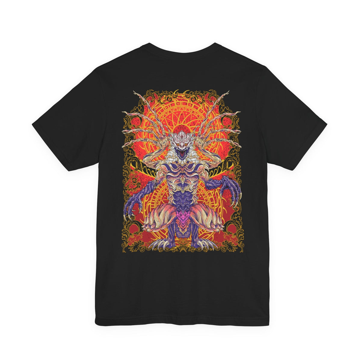 Image 5 of a Double-sided T-shirt design inspired by Shara Ishvalda from Monster Hunter World Iceborne, featuring the mysterious Old Everwyrm Elder Dragon. The artwork celebrates the contrast between its massive stone-like outer shell and its exposed, unsettling true form, recalling the dramatic final encounter beneath the New World. Ideal for Monster Hunter fans who want detailed Elder Dragon artwork across a distinctive front-and-back graphic shirt.