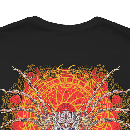 Image 7 of a Double-sided T-shirt design inspired by Shara Ishvalda from Monster Hunter World Iceborne, featuring the mysterious Old Everwyrm Elder Dragon. The artwork celebrates the contrast between its massive stone-like outer shell and its exposed, unsettling true form, recalling the dramatic final encounter beneath the New World. Ideal for Monster Hunter fans who want detailed Elder Dragon artwork across a distinctive front-and-back graphic shirt.