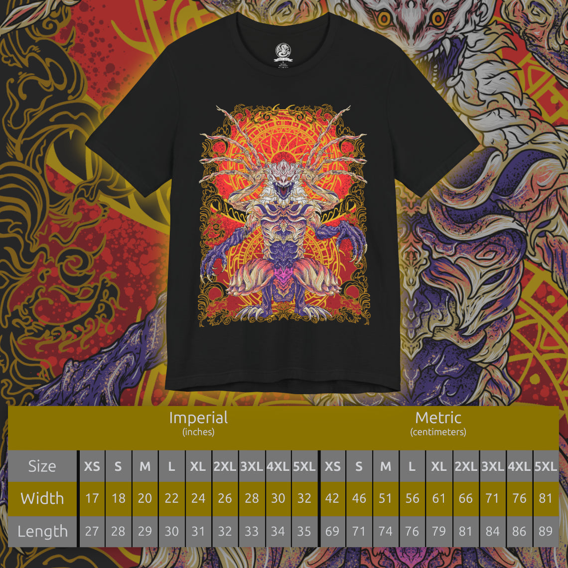 Size chart of a Double-sided T-shirt design inspired by Shara Ishvalda from Monster Hunter World Iceborne, featuring the mysterious Old Everwyrm Elder Dragon. The artwork celebrates the contrast between its massive stone-like outer shell and its exposed, unsettling true form, recalling the dramatic final encounter beneath the New World. Ideal for Monster Hunter fans who want detailed Elder Dragon artwork across a distinctive front-and-back graphic shirt.