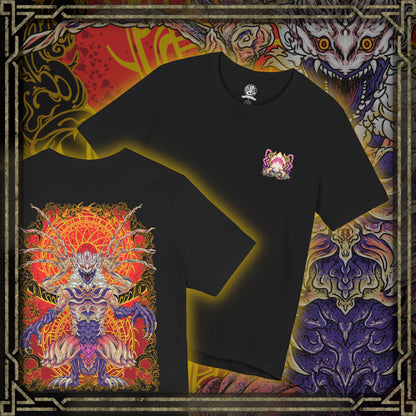Thumbnail of a Double-sided T-shirt design inspired by Shara Ishvalda from Monster Hunter World Iceborne, featuring the mysterious Old Everwyrm Elder Dragon. The artwork celebrates the contrast between its massive stone-like outer shell and its exposed, unsettling true form, recalling the dramatic final encounter beneath the New World. Ideal for Monster Hunter fans who want detailed Elder Dragon artwork across a distinctive front-and-back graphic shirt.