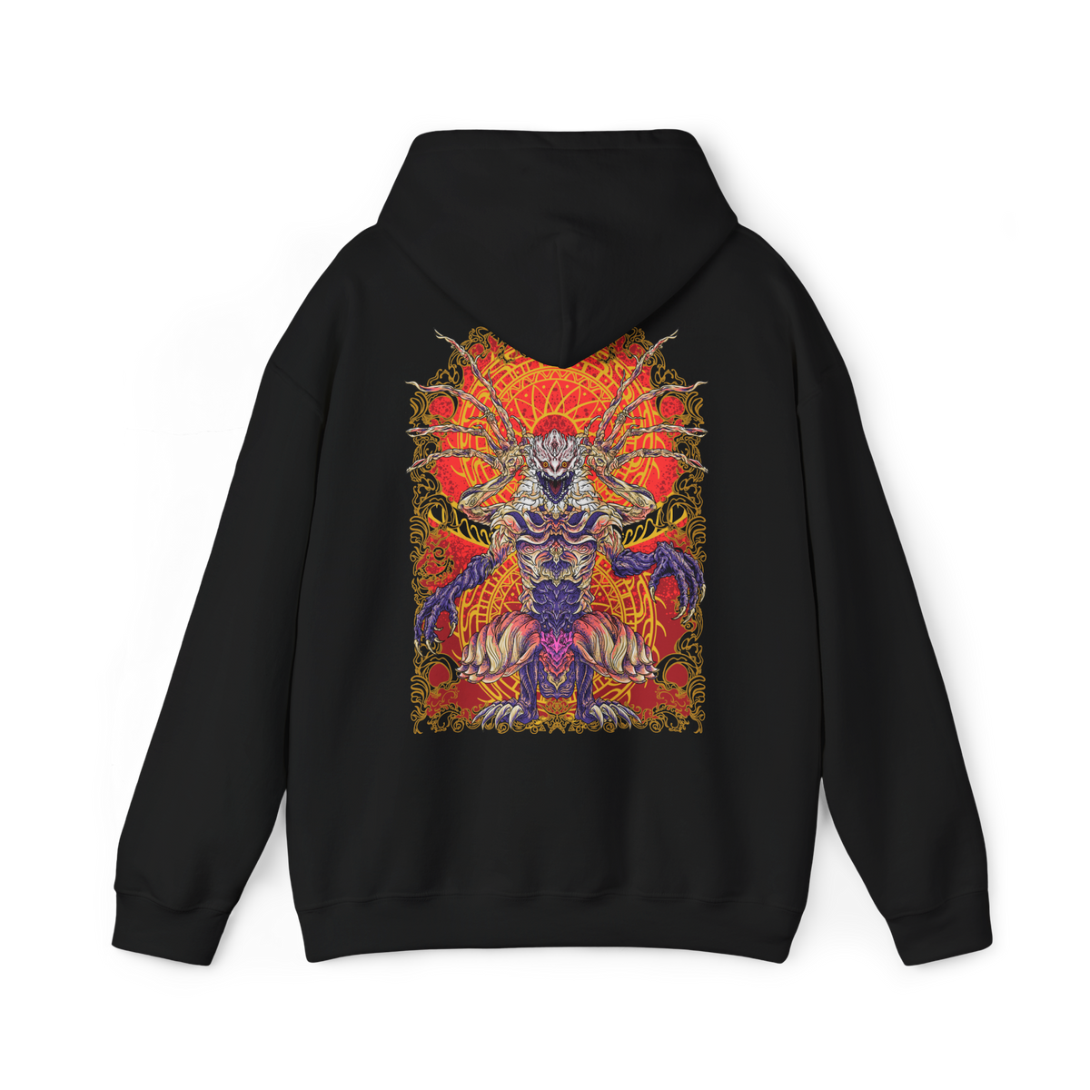 Image 5 of a Hooded sweatshirt design featuring Shara Ishvalda, the formidable Elder Dragon from Monster Hunter World Iceborne. The graphic emphasizes its colossal body, layered stone-like armor, eerie exposed form, and supernatural control over vibrations, evoking the climactic battle against the Old Everwyrm. A dark, atmospheric gaming hoodie design for Monster Hunter fans, Elder Dragon collectors, and players who love the Iceborne expansion.