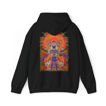 Image 5 of a Hooded sweatshirt design featuring Shara Ishvalda, the formidable Elder Dragon from Monster Hunter World Iceborne. The graphic emphasizes its colossal body, layered stone-like armor, eerie exposed form, and supernatural control over vibrations, evoking the climactic battle against the Old Everwyrm. A dark, atmospheric gaming hoodie design for Monster Hunter fans, Elder Dragon collectors, and players who love the Iceborne expansion.