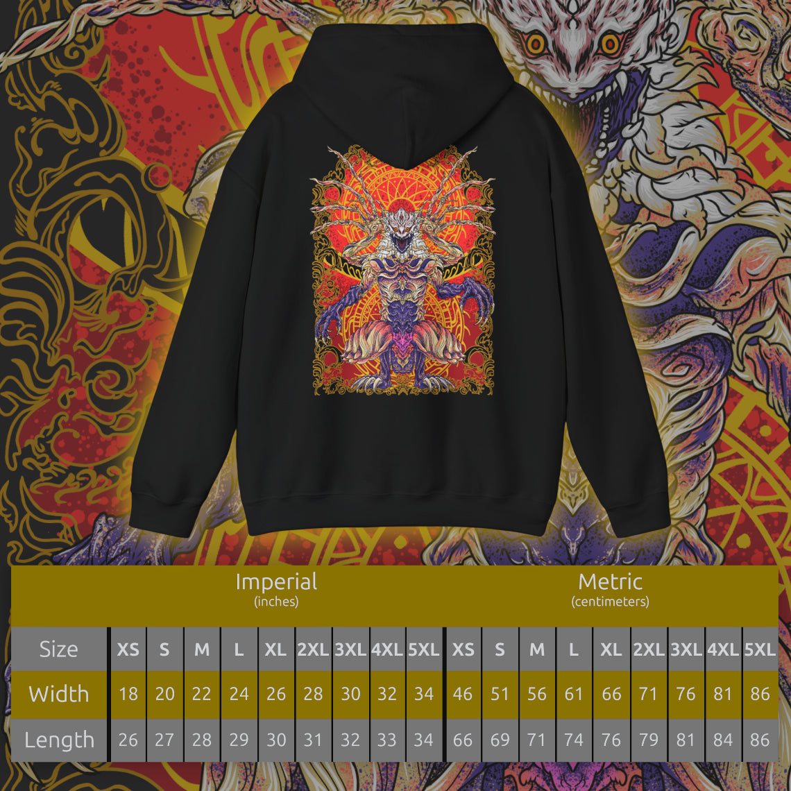 Size chart of a Hooded sweatshirt design featuring Shara Ishvalda, the formidable Elder Dragon from Monster Hunter World Iceborne. The graphic emphasizes its colossal body, layered stone-like armor, eerie exposed form, and supernatural control over vibrations, evoking the climactic battle against the Old Everwyrm. A dark, atmospheric gaming hoodie design for Monster Hunter fans, Elder Dragon collectors, and players who love the Iceborne expansion.