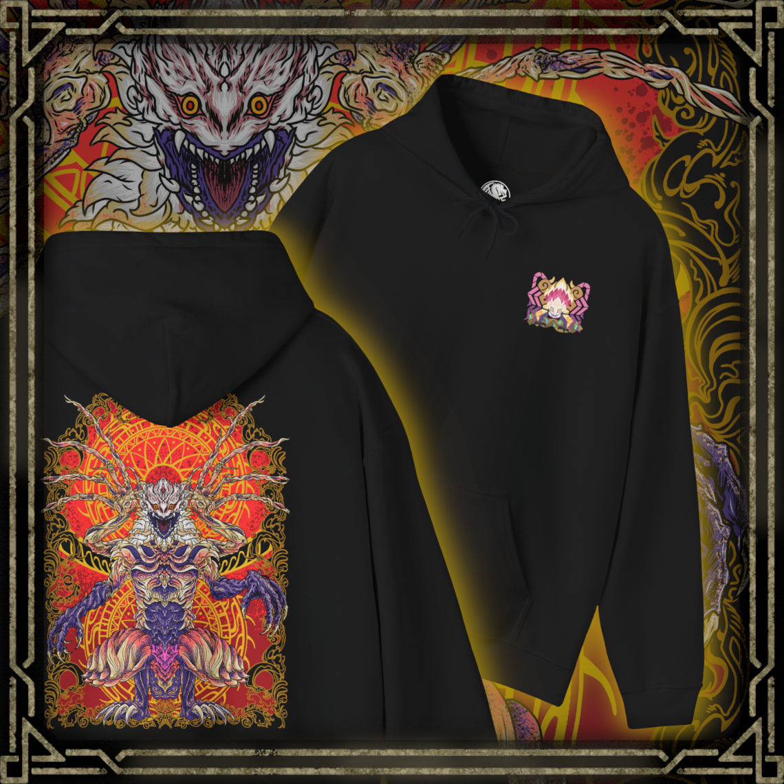 Thumbnail of a Hooded sweatshirt design featuring Shara Ishvalda, the formidable Elder Dragon from Monster Hunter World Iceborne. The graphic emphasizes its colossal body, layered stone-like armor, eerie exposed form, and supernatural control over vibrations, evoking the climactic battle against the Old Everwyrm. A dark, atmospheric gaming hoodie design for Monster Hunter fans, Elder Dragon collectors, and players who love the Iceborne expansion.