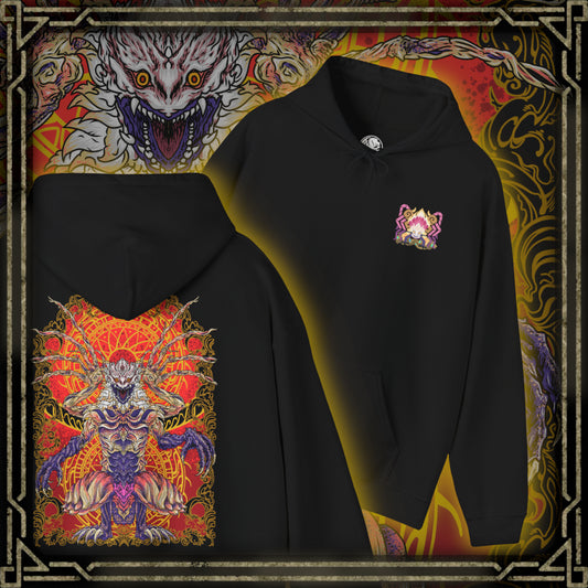 Thumbnail of a Hooded sweatshirt design featuring Shara Ishvalda, the formidable Elder Dragon from Monster Hunter World Iceborne. The graphic emphasizes its colossal body, layered stone-like armor, eerie exposed form, and supernatural control over vibrations, evoking the climactic battle against the Old Everwyrm. A dark, atmospheric gaming hoodie design for Monster Hunter fans, Elder Dragon collectors, and players who love the Iceborne expansion.