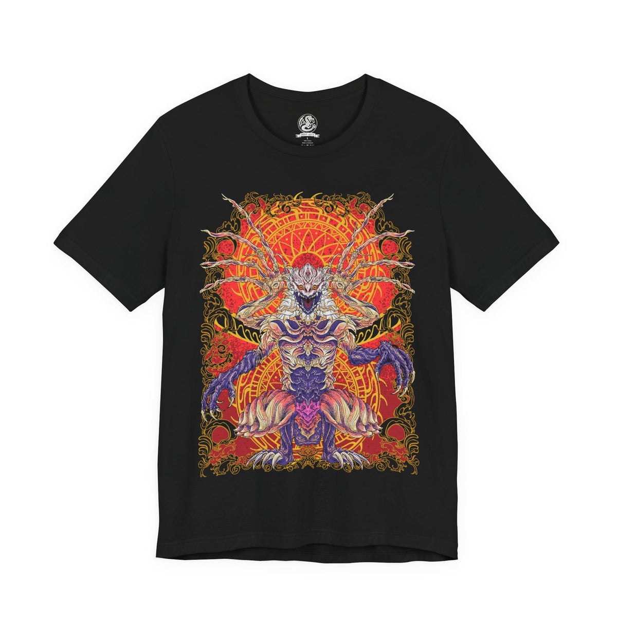 Image 4 of a T-shirt design featuring Shara Ishvalda, the mysterious Old Everwyrm Elder Dragon from Monster Hunter World Iceborne. The artwork highlights the creature’s imposing rocky armor, eerie wing-like appendages, and monstrous silhouette, capturing its ability to manipulate vibrations and devastate the surrounding landscape. A dark fantasy Monster Hunter graphic for fans of powerful Elder Dragons and the Iceborne expansion.
