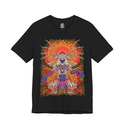 Image 4 of a T-shirt design featuring Shara Ishvalda, the mysterious Old Everwyrm Elder Dragon from Monster Hunter World Iceborne. The artwork highlights the creature’s imposing rocky armor, eerie wing-like appendages, and monstrous silhouette, capturing its ability to manipulate vibrations and devastate the surrounding landscape. A dark fantasy Monster Hunter graphic for fans of powerful Elder Dragons and the Iceborne expansion.