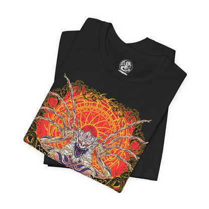 Image 5 of a T-shirt design featuring Shara Ishvalda, the mysterious Old Everwyrm Elder Dragon from Monster Hunter World Iceborne. The artwork highlights the creature’s imposing rocky armor, eerie wing-like appendages, and monstrous silhouette, capturing its ability to manipulate vibrations and devastate the surrounding landscape. A dark fantasy Monster Hunter graphic for fans of powerful Elder Dragons and the Iceborne expansion.