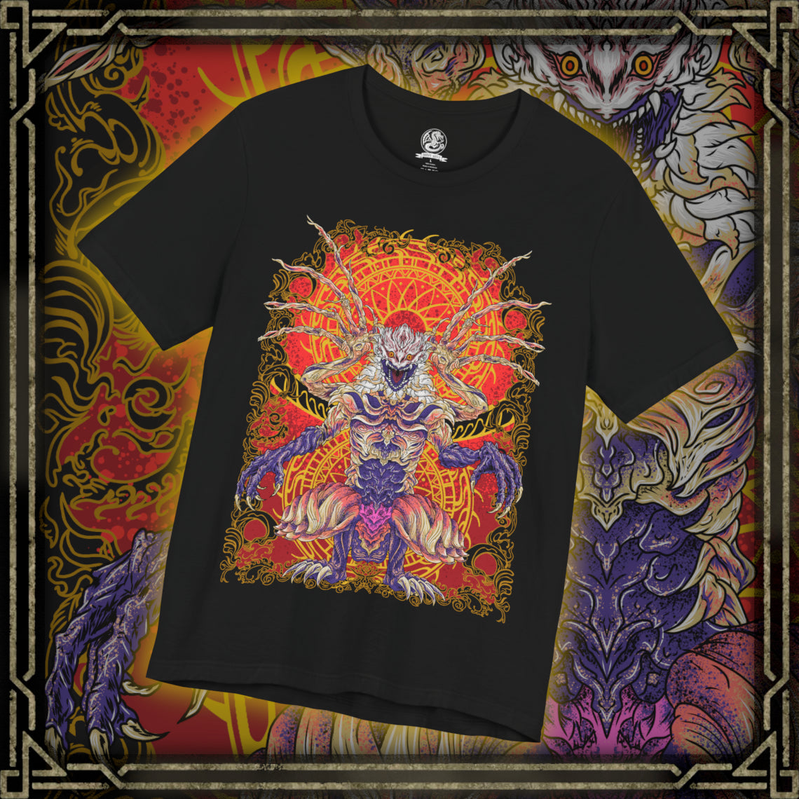 Thumbnail of a T-shirt design featuring Shara Ishvalda, the mysterious Old Everwyrm Elder Dragon from Monster Hunter World Iceborne. The artwork highlights the creature’s imposing rocky armor, eerie wing-like appendages, and monstrous silhouette, capturing its ability to manipulate vibrations and devastate the surrounding landscape. A dark fantasy Monster Hunter graphic for fans of powerful Elder Dragons and the Iceborne expansion.