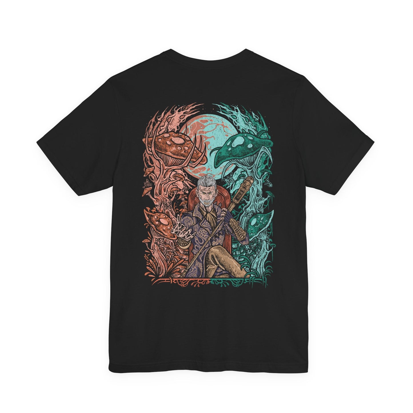 Image 5 of a Oblivion T-shirt artwork of Sheogorath standing over the Shivering Isles, split between radiant Mania and decayed Dementia, symbolizing his fractured dominion. His staff crackles with Daedric power as he commands madness, creativity, and despair, luring mortals into his realm to serve as champions, fools, and victims of his divine unpredictability.