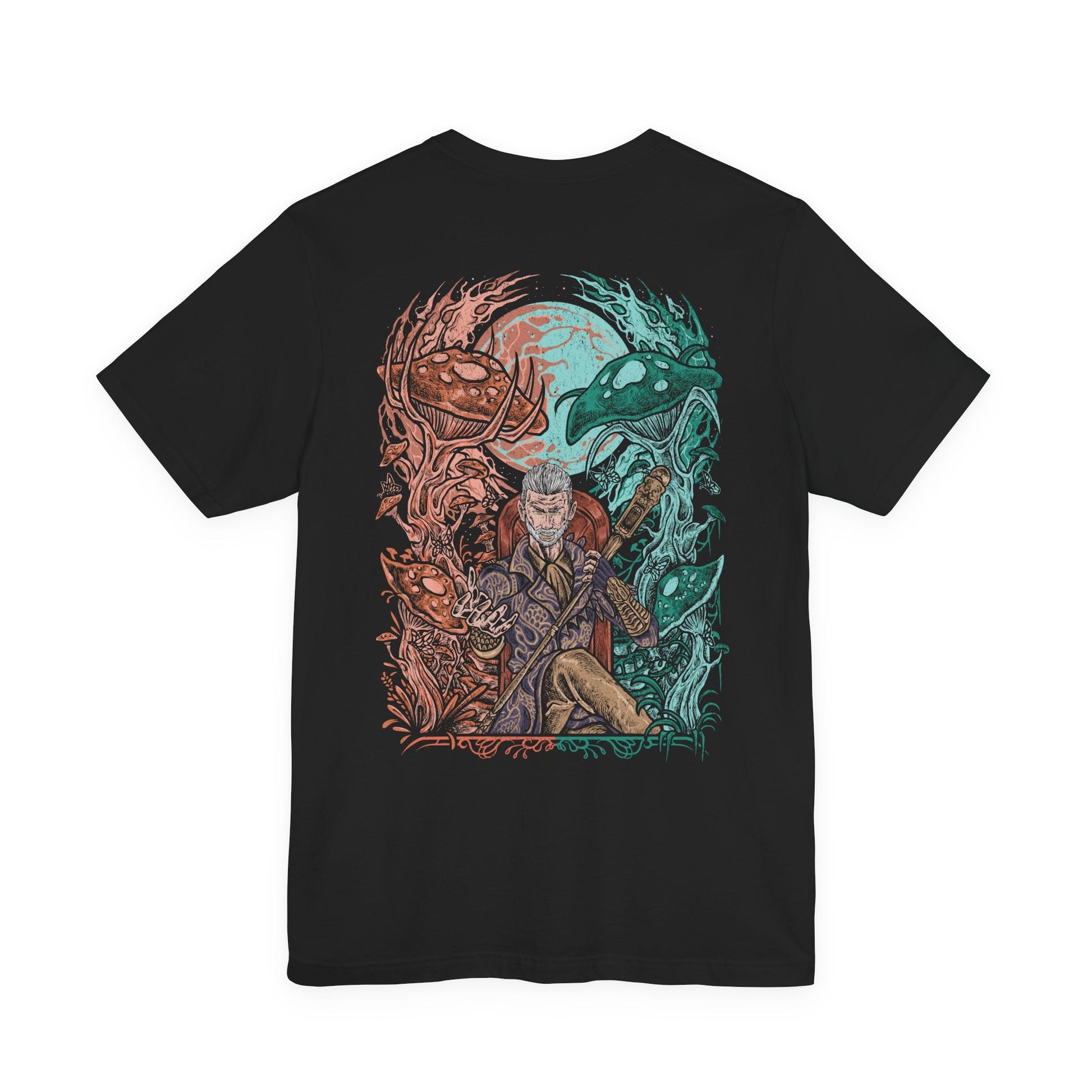 Image 5 of a Oblivion T-shirt artwork of Sheogorath standing over the Shivering Isles, split between radiant Mania and decayed Dementia, symbolizing his fractured dominion. His staff crackles with Daedric power as he commands madness, creativity, and despair, luring mortals into his realm to serve as champions, fools, and victims of his divine unpredictability.