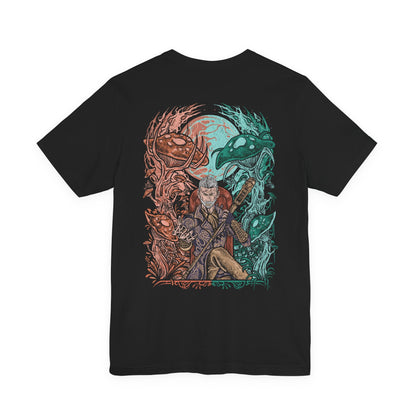 Image 5 of a Oblivion T-shirt artwork of Sheogorath standing over the Shivering Isles, split between radiant Mania and decayed Dementia, symbolizing his fractured dominion. His staff crackles with Daedric power as he commands madness, creativity, and despair, luring mortals into his realm to serve as champions, fools, and victims of his divine unpredictability.