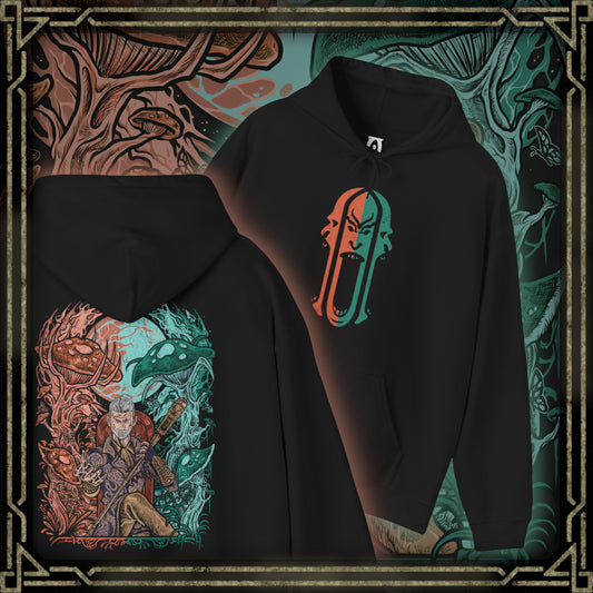 Thumbnail of a Hooded Sweatshirt of Sheogorath surrounded by surreal landscapes of the Shivering Isles, where twisted fungi, jagged stone, and dreamlike colors reflect his madness. His sinister smile and violent elegance show a Daedric Prince who thrives on chaos, manipulating fate and mortal minds in a realm sculpted entirely by insanity and imagination.