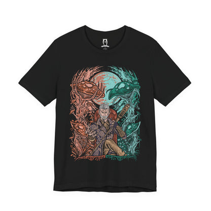 Image 4 of a T-shirt design of Sheogorath, the Mad God of the Shivering Isles, seated upon his throne as chaotic energies swirl around him. His eccentric attire and manic grin embody the unpredictable nature of Mania and Dementia, the twin realms he rules with cruel humor and cosmic whimsy, shaping mortals through madness and transformation.