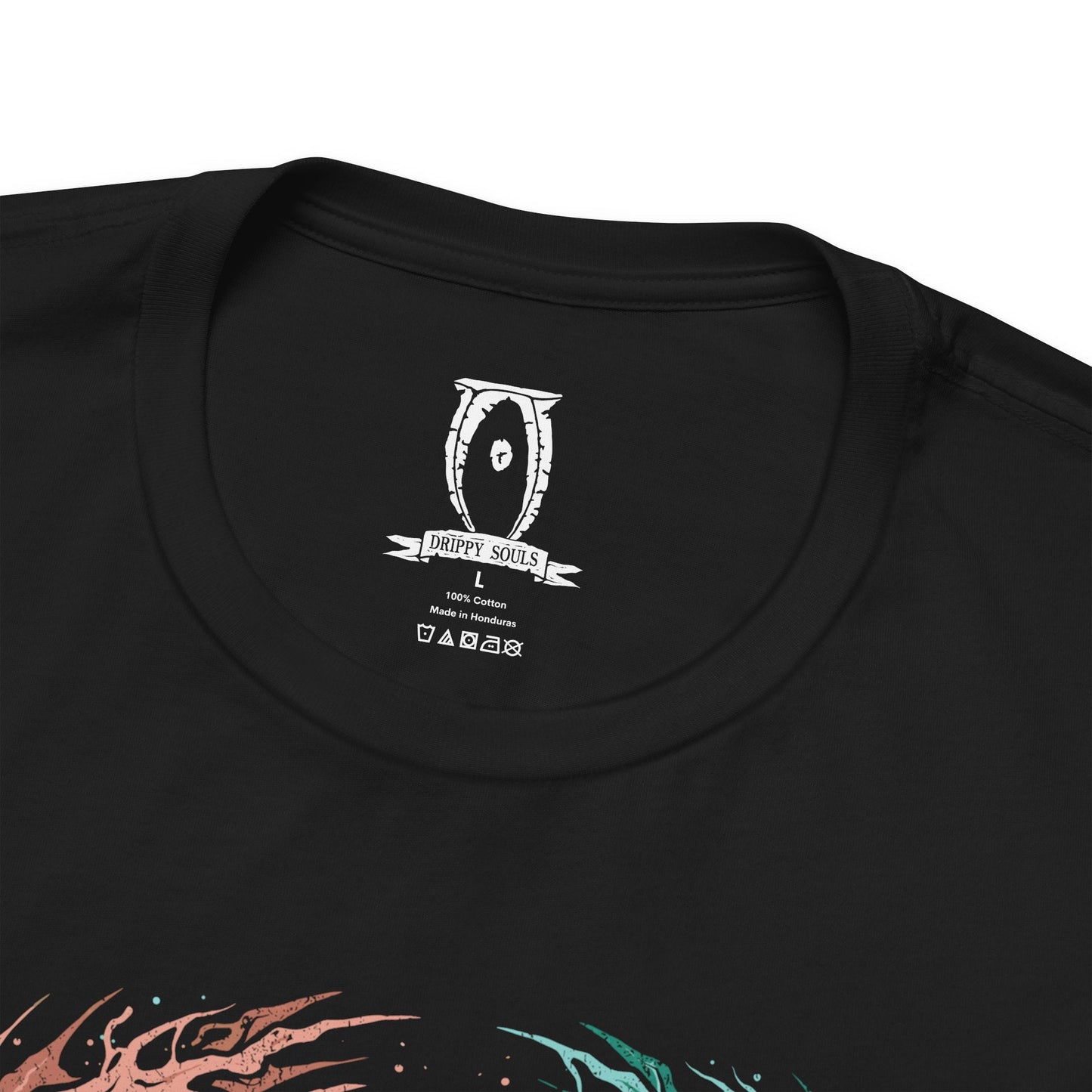 Folded T-shirt design of Sheogorath, the Mad God of the Shivering Isles, seated upon his throne as chaotic energies swirl around him. His eccentric attire and manic grin embody the unpredictable nature of Mania and Dementia, the twin realms he rules with cruel humor and cosmic whimsy, shaping mortals through madness and transformation.