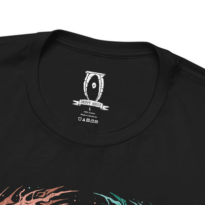 Folded T-shirt design of Sheogorath, the Mad God of the Shivering Isles, seated upon his throne as chaotic energies swirl around him. His eccentric attire and manic grin embody the unpredictable nature of Mania and Dementia, the twin realms he rules with cruel humor and cosmic whimsy, shaping mortals through madness and transformation.