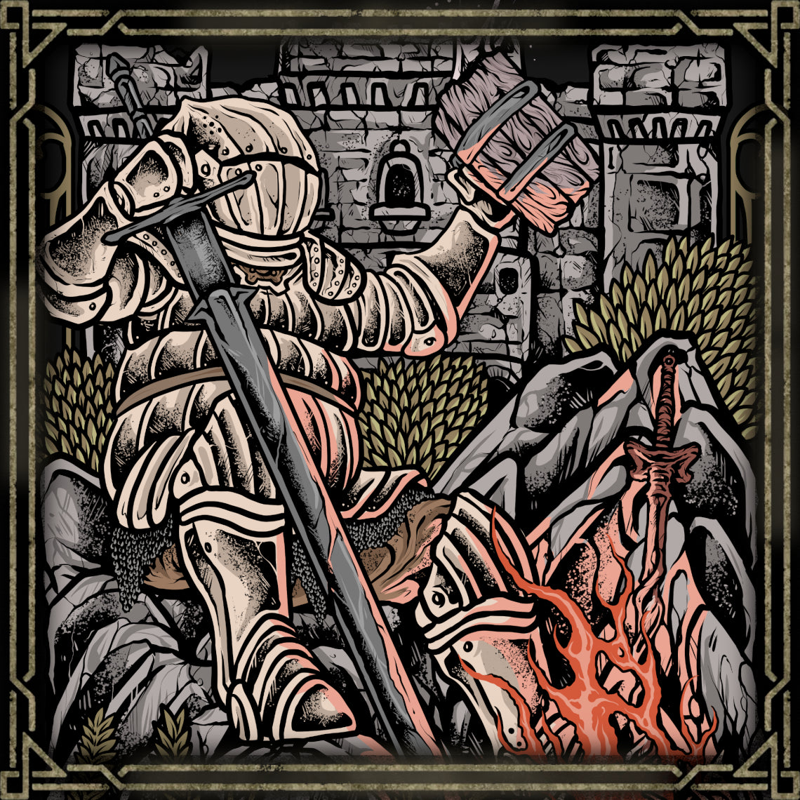 Artwork of Siegward of Catarina. Siegward of Catarina is a noble knight encountered throughout Dark Souls III, recognizable by his distinctive Catarina armor and kind-hearted nature. Despite his frequent moments of doubt and exhaustion, Siegward remains committed to his promises and friends. His journey ultimately leads him to Yhorm the Giant, where he fulfills his solemn vow and stands beside his old friend in one of the game's most emotional moments.