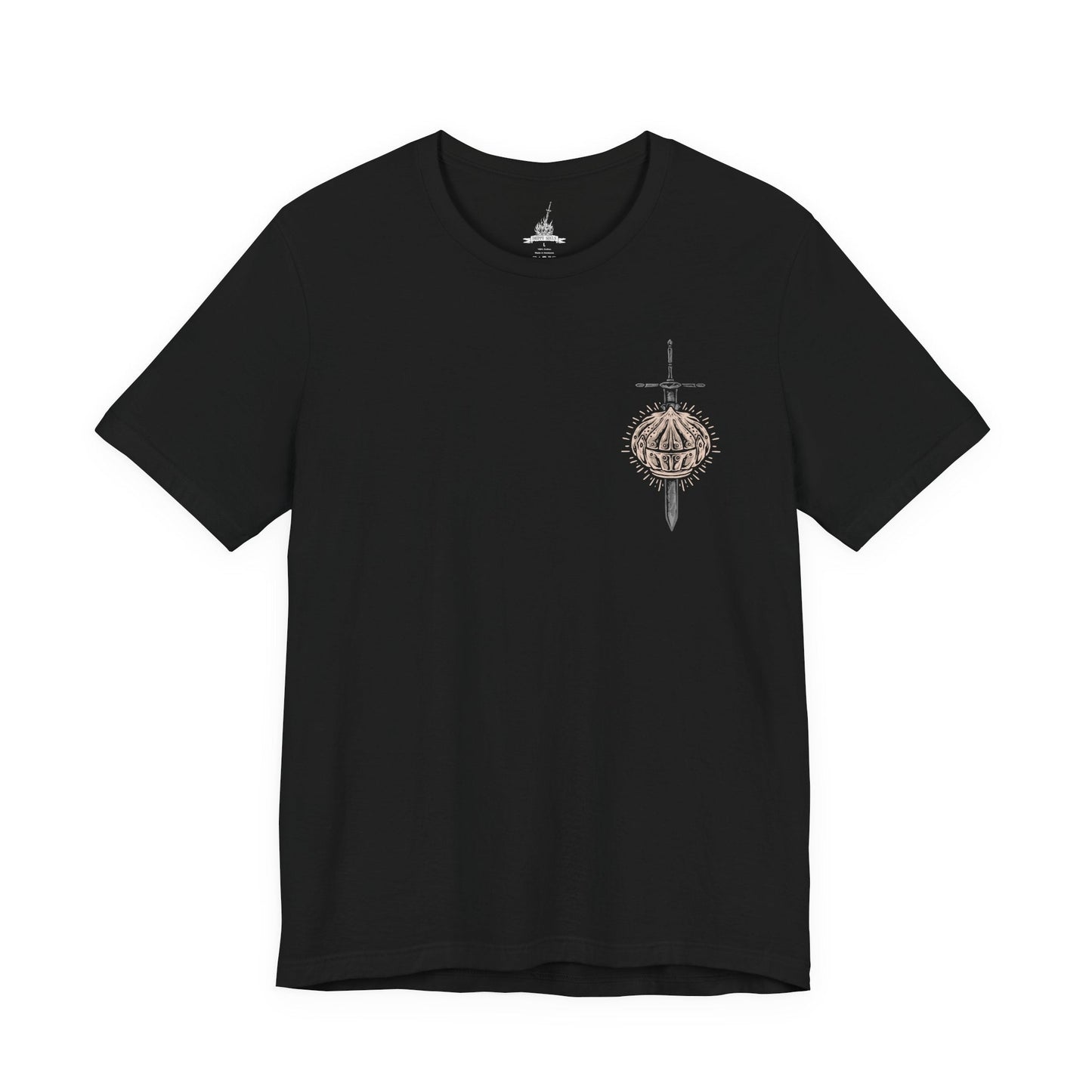 Image 4 of a T-Shirt artwork depicting Siegward of Catarina standing within the depths of Yhorm's throne room, his iconic Catarina armor illuminated by fire and fading light. The Onion Knight raises his weapon as the enormous figure of Yhorm the Giant looms in the background. The design reflects their friendship, Siegward's solemn promise, and his final act of loyalty.