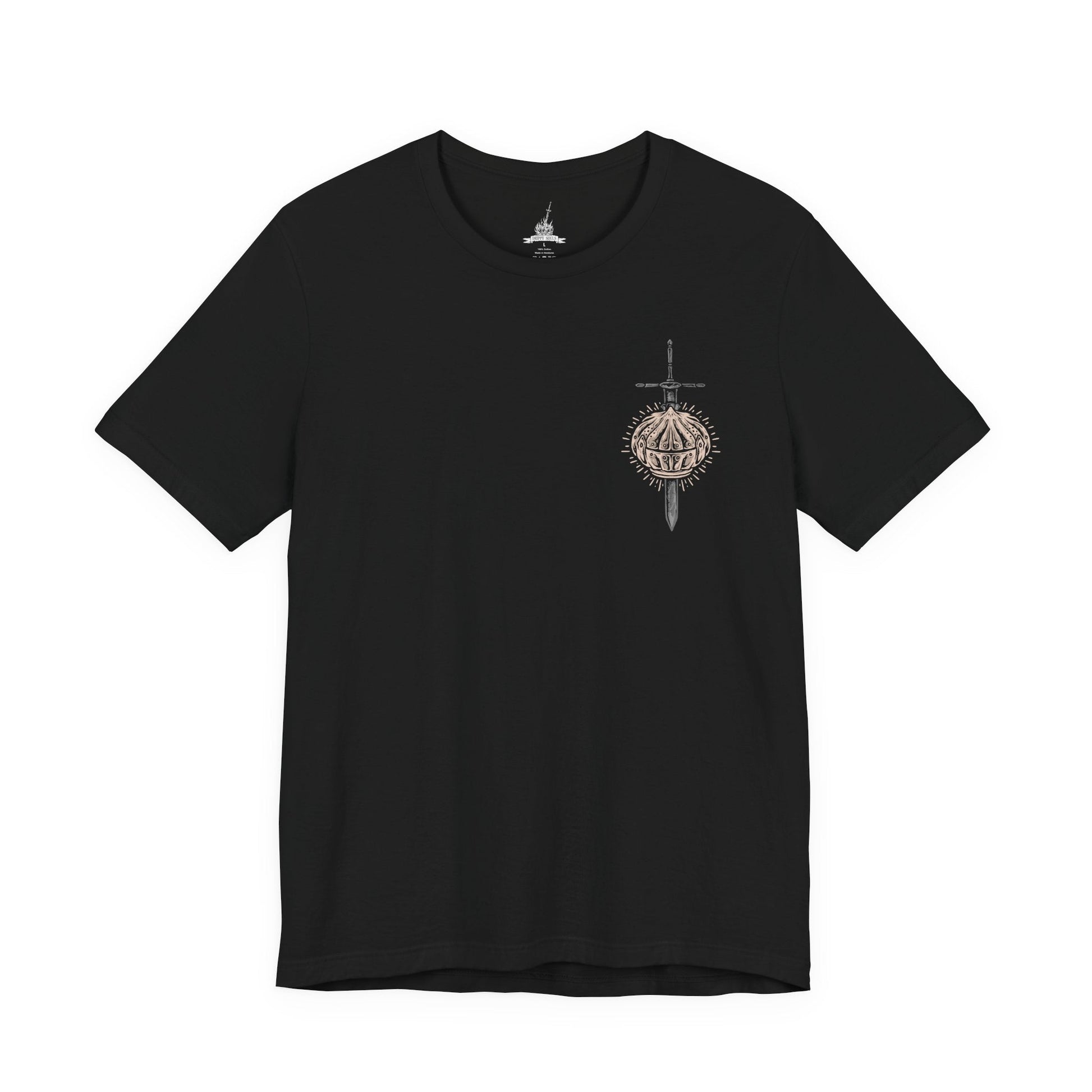 Image 4 of a T-Shirt artwork depicting Siegward of Catarina standing within the depths of Yhorm's throne room, his iconic Catarina armor illuminated by fire and fading light. The Onion Knight raises his weapon as the enormous figure of Yhorm the Giant looms in the background. The design reflects their friendship, Siegward's solemn promise, and his final act of loyalty.