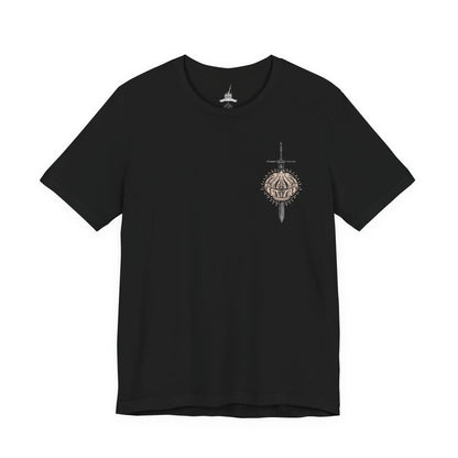 Image 4 of a T-Shirt artwork depicting Siegward of Catarina standing within the depths of Yhorm's throne room, his iconic Catarina armor illuminated by fire and fading light. The Onion Knight raises his weapon as the enormous figure of Yhorm the Giant looms in the background. The design reflects their friendship, Siegward's solemn promise, and his final act of loyalty.