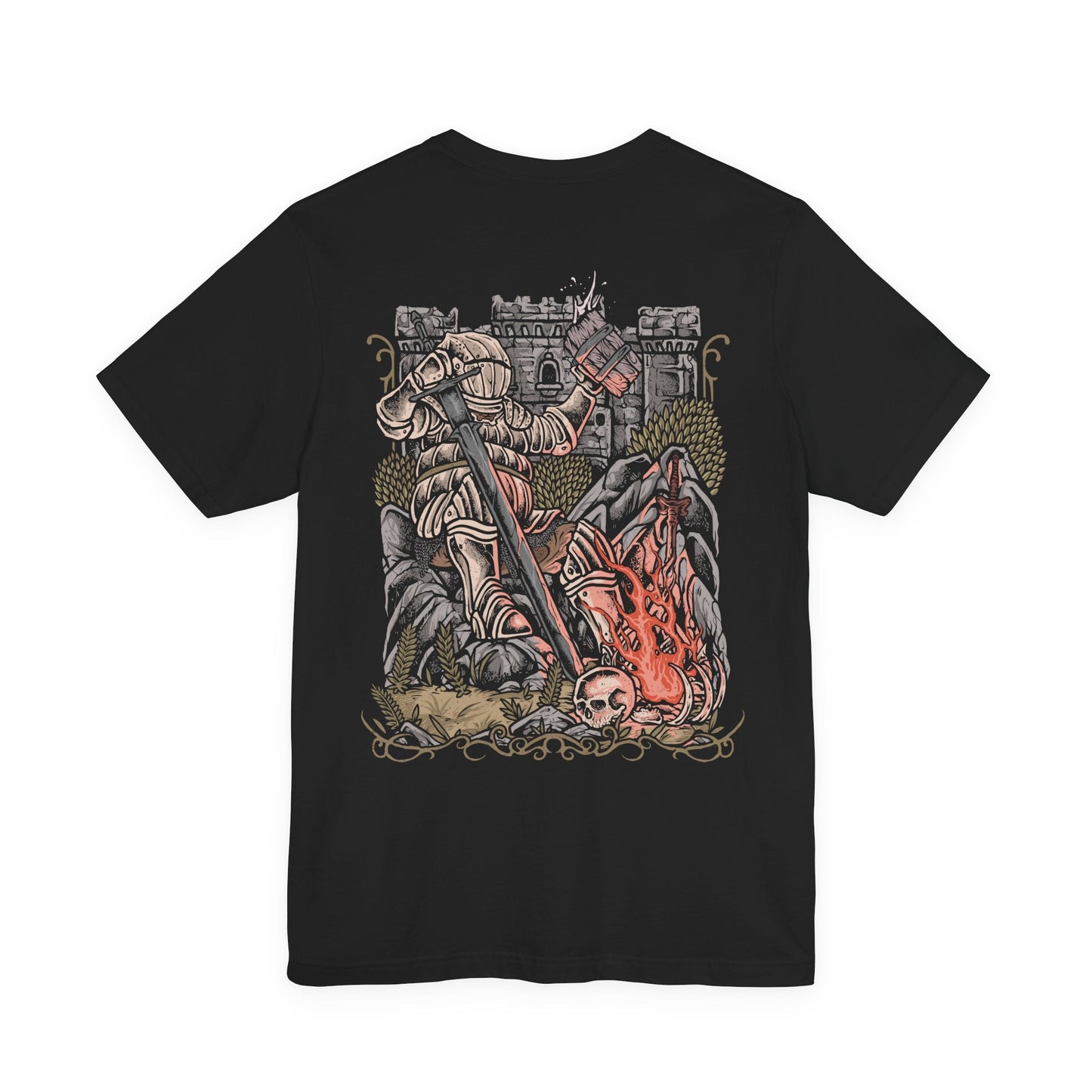 Image 5 of a T-Shirt artwork depicting Siegward of Catarina standing within the depths of Yhorm's throne room, his iconic Catarina armor illuminated by fire and fading light. The Onion Knight raises his weapon as the enormous figure of Yhorm the Giant looms in the background. The design reflects their friendship, Siegward's solemn promise, and his final act of loyalty.