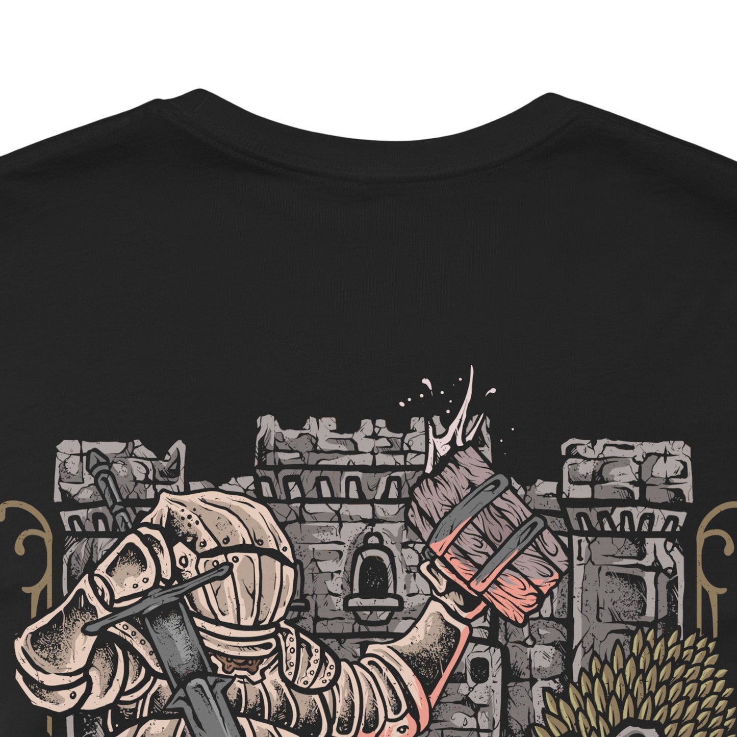 Image 7 of a T-Shirt artwork depicting Siegward of Catarina standing within the depths of Yhorm's throne room, his iconic Catarina armor illuminated by fire and fading light. The Onion Knight raises his weapon as the enormous figure of Yhorm the Giant looms in the background. The design reflects their friendship, Siegward's solemn promise, and his final act of loyalty.