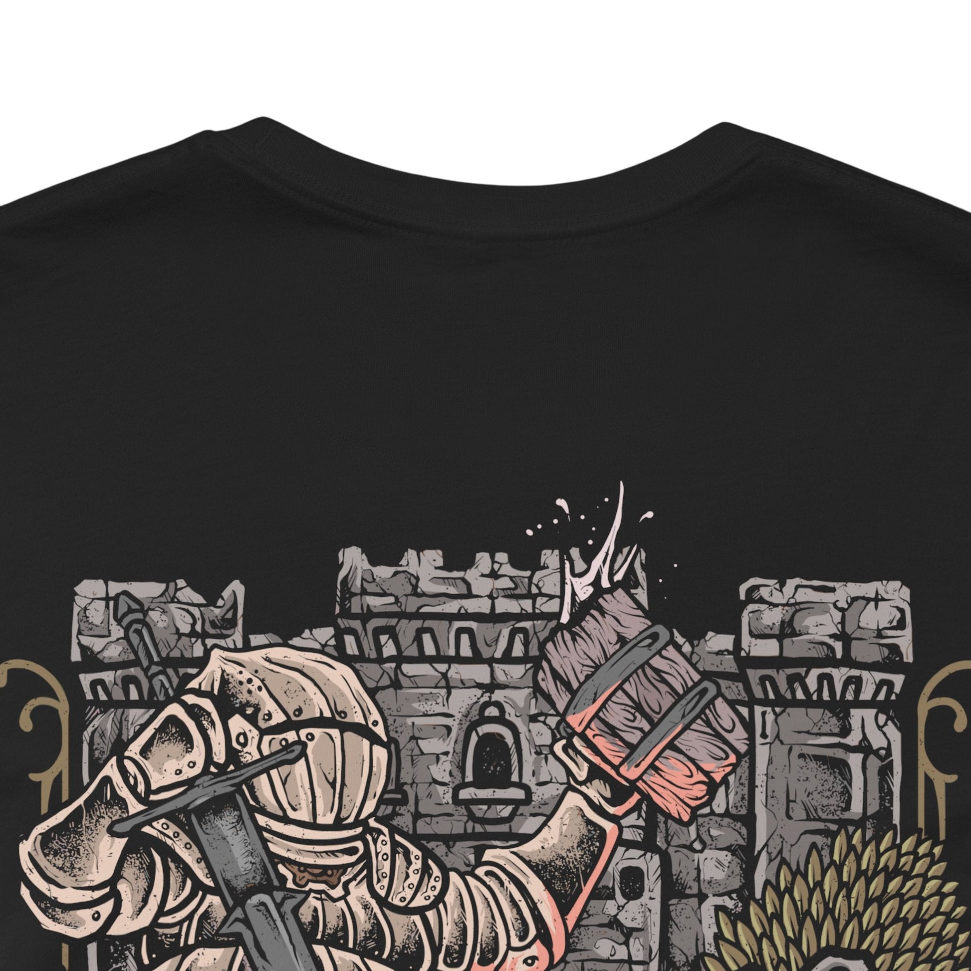 Image 7 of a T-Shirt artwork depicting Siegward of Catarina standing within the depths of Yhorm's throne room, his iconic Catarina armor illuminated by fire and fading light. The Onion Knight raises his weapon as the enormous figure of Yhorm the Giant looms in the background. The design reflects their friendship, Siegward's solemn promise, and his final act of loyalty.