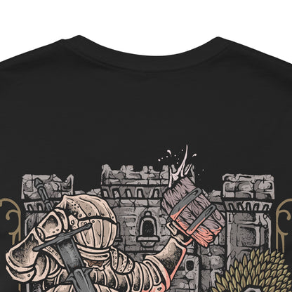 Image 7 of a T-Shirt artwork depicting Siegward of Catarina standing within the depths of Yhorm's throne room, his iconic Catarina armor illuminated by fire and fading light. The Onion Knight raises his weapon as the enormous figure of Yhorm the Giant looms in the background. The design reflects their friendship, Siegward's solemn promise, and his final act of loyalty.