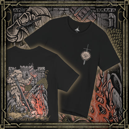 Thumbnail of a T-Shirt artwork depicting Siegward of Catarina standing within the depths of Yhorm's throne room, his iconic Catarina armor illuminated by fire and fading light. The Onion Knight raises his weapon as the enormous figure of Yhorm the Giant looms in the background. The design reflects their friendship, Siegward's solemn promise, and his final act of loyalty.